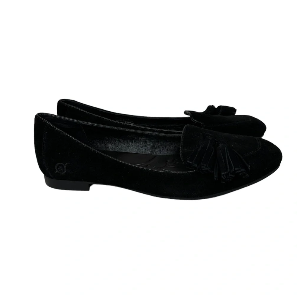Born Shoes Women's 7.5 M Black Kary Loafer Tassel Flat Slip On Suede D84203